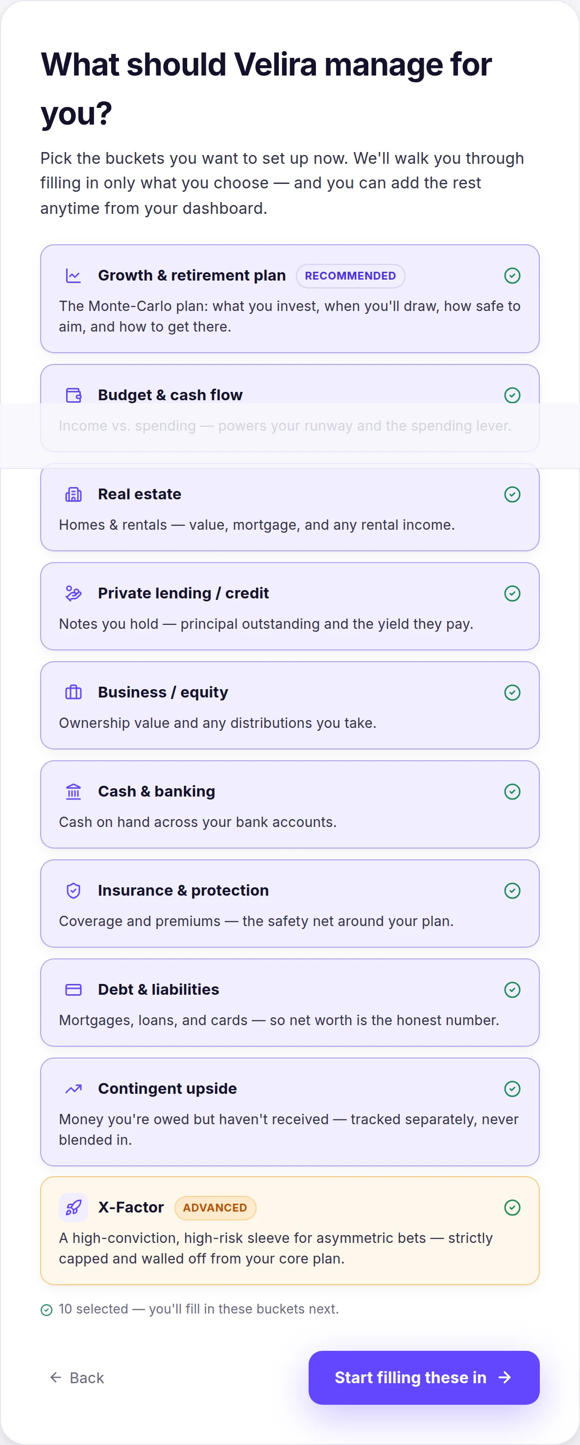 Velira onboarding hub — selectable buckets for growth plan, real estate, business, insurance, and an X-Factor sleeve
