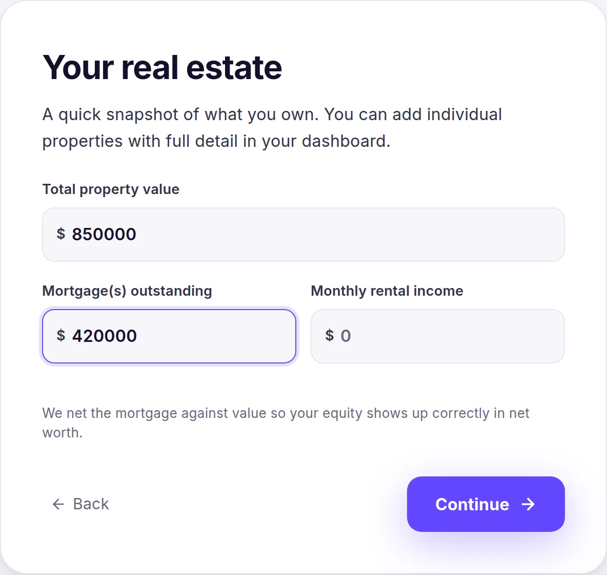 Velira real estate onboarding form — entering the value of an illiquid property to fold into net worth