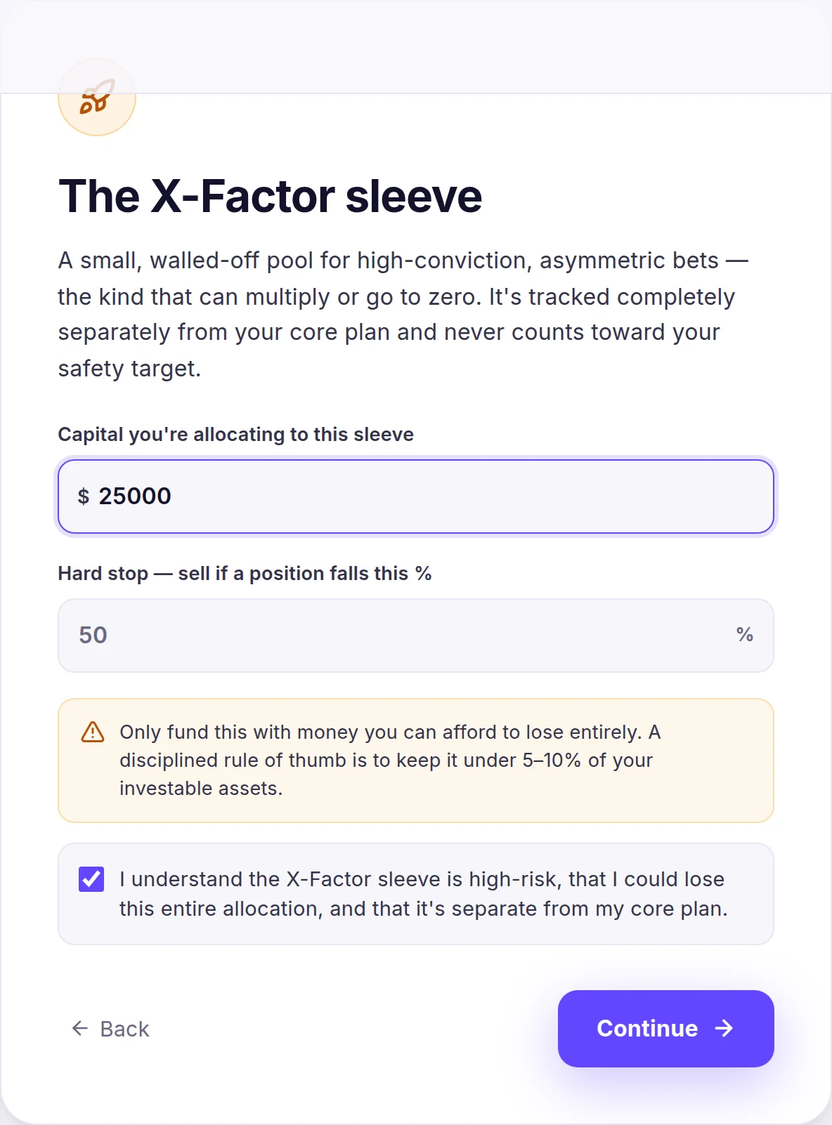 Velira X-Factor setup — capped, hard-stopped high-risk sleeve with a required acknowledgment to enable it